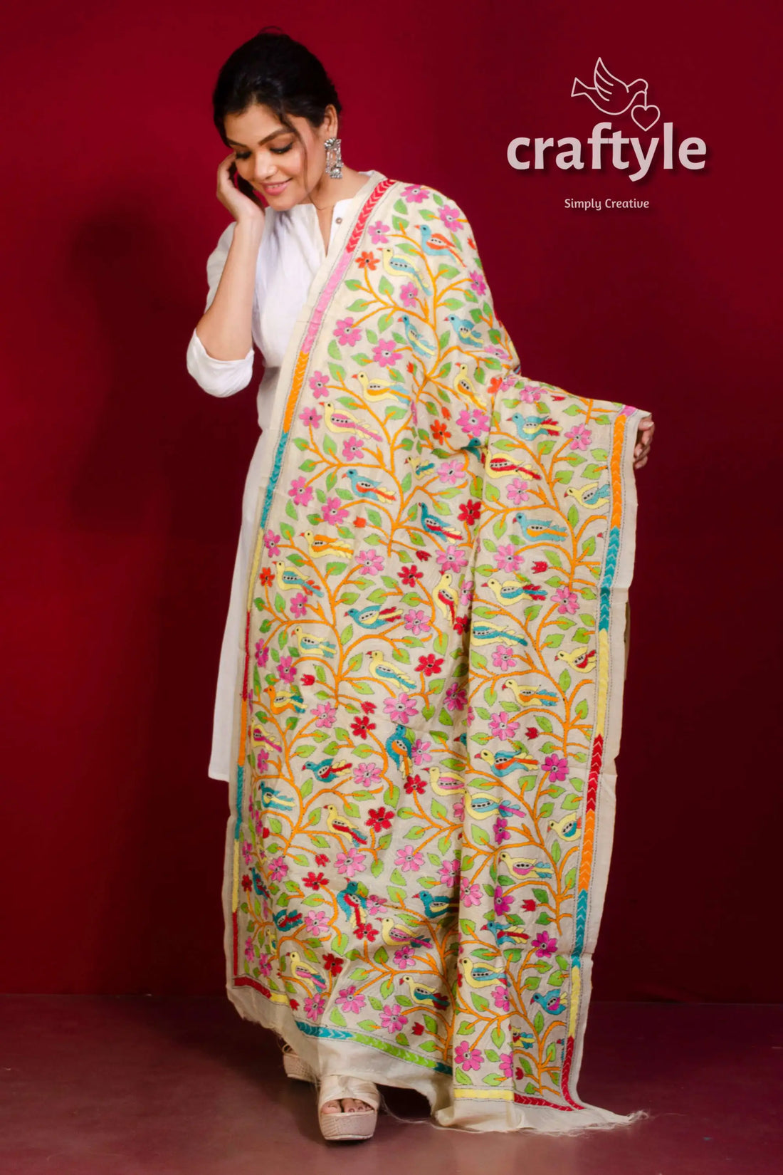Tussar Silk Kantha Stitch Dupatta - Craftyle