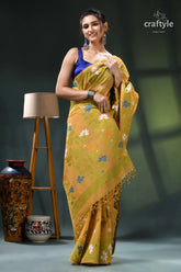 Tussock color floral cotton jamdani saree for women mustard yellow saree floral embroidery 4