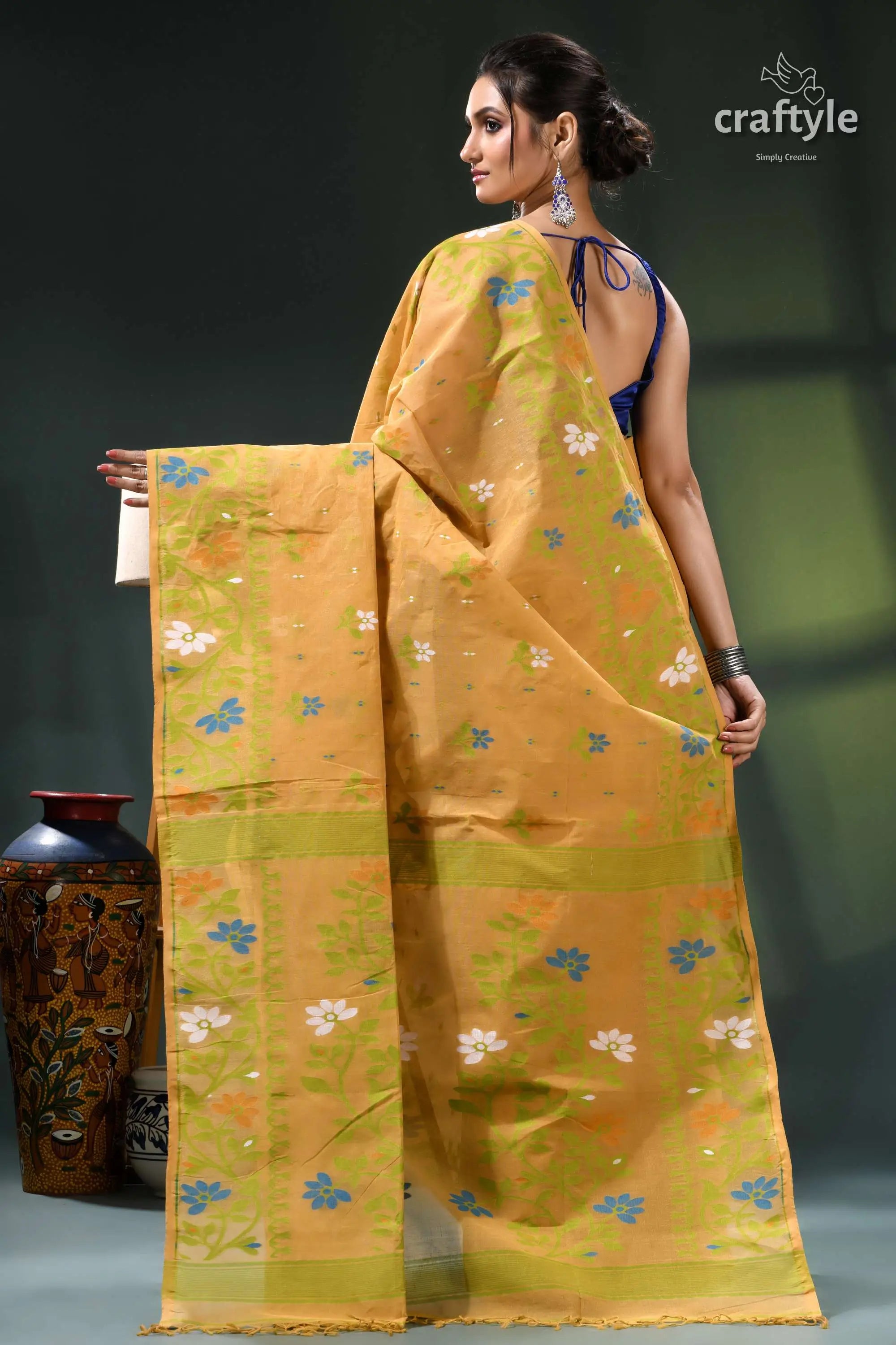 Tussock color floral cotton jamdani saree for women yellow green floral brocade saree 5