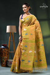 Tussock color floral cotton jamdani saree for women mustard yellow green floral saree 3