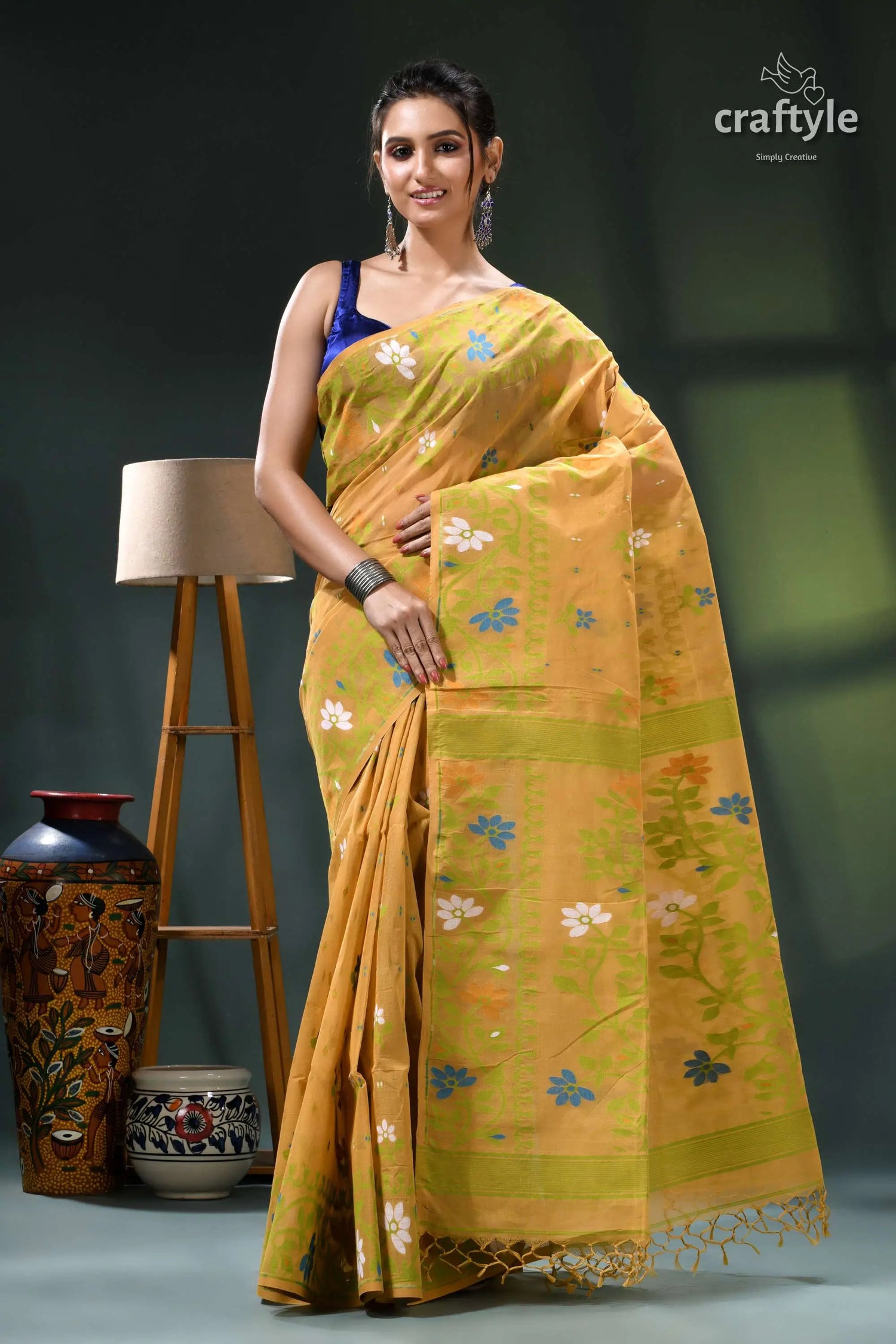Tussock color floral cotton jamdani saree for women yellow floral embroidered saree green 1