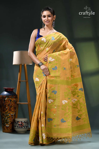 Tussock color floral cotton jamdani saree for women yellow floral embroidered saree green 1