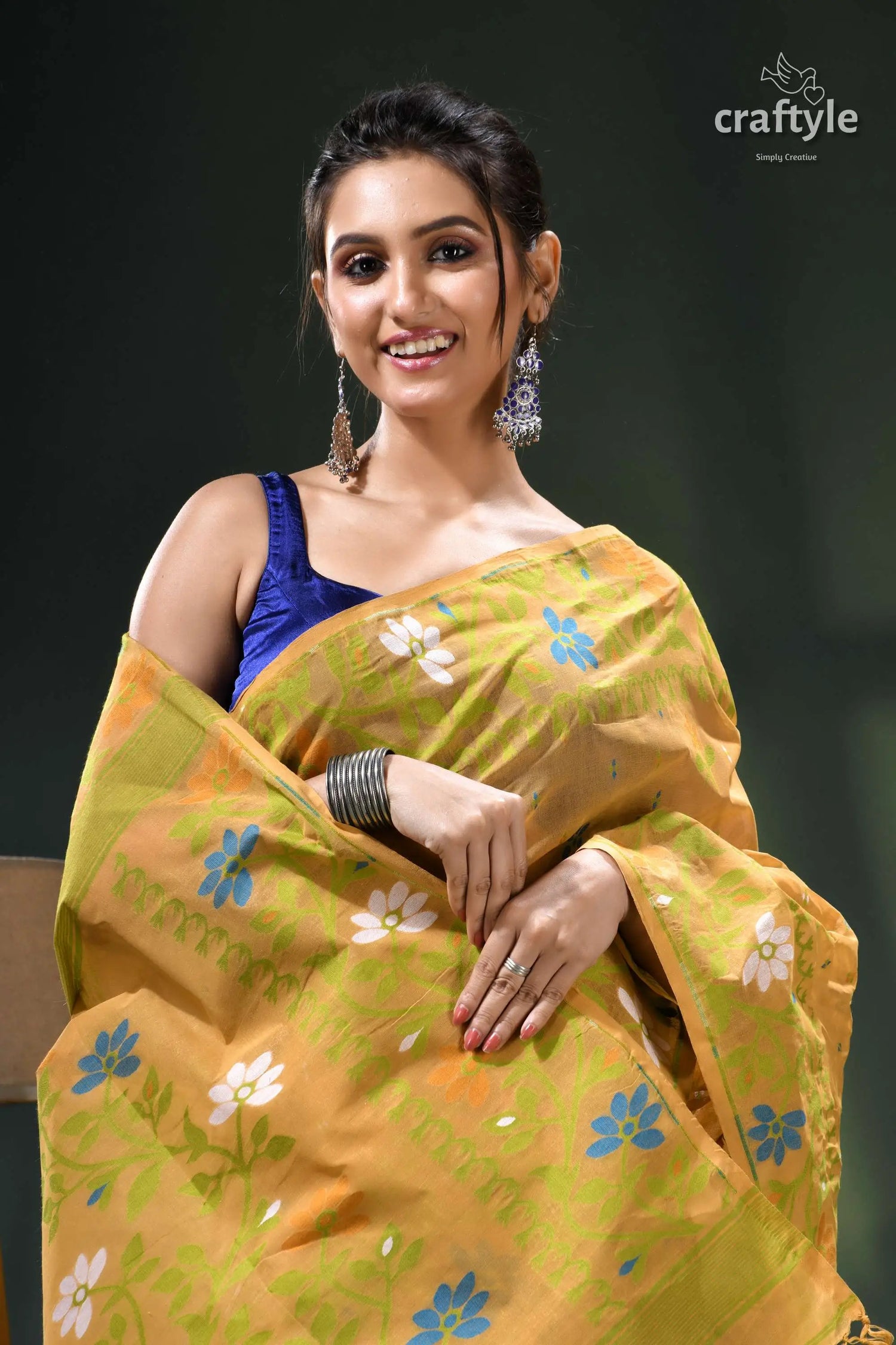 Tussock color floral cotton jamdani saree for women mustard yellow floral saree blue 2