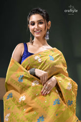 Tussock color floral cotton jamdani saree for women mustard yellow floral saree blue 2