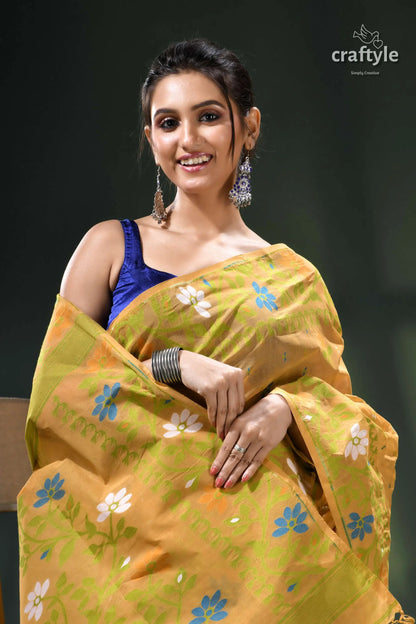 Tussock color floral cotton jamdani saree for women mustard yellow floral saree blue 2