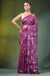 Twilight lavender village theme handmade silk kantha saree rich purple intricate white 6