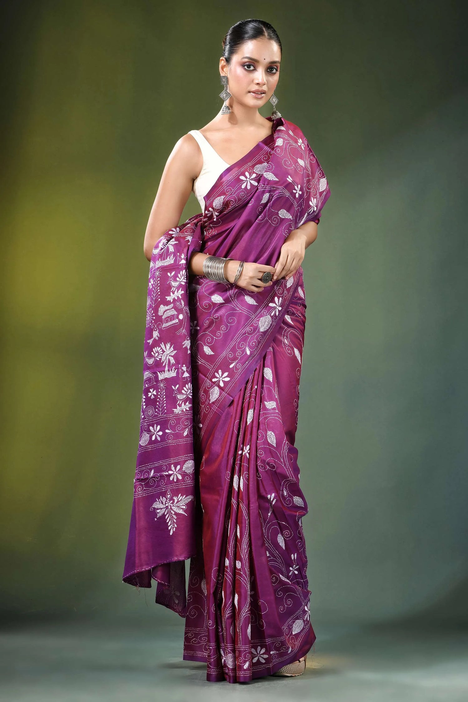 Twilight lavender village theme handmade silk kantha saree woman wears vibrant purple 4