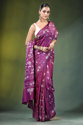 Twilight lavender village theme handmade silk kantha saree woman wears vibrant purple 4