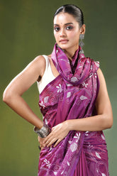 Twilight lavender village theme handmade silk kantha saree rich purple adorned 2