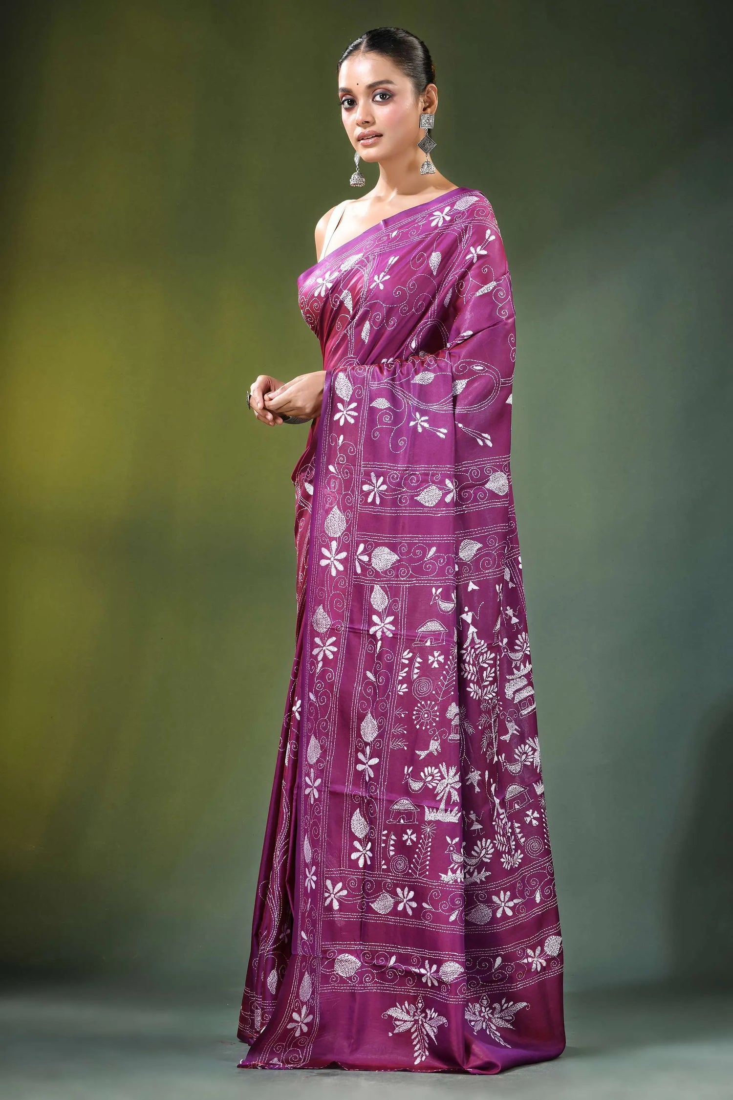 Twilight lavender village theme handmade silk kantha saree vibrant purple intricate white 3