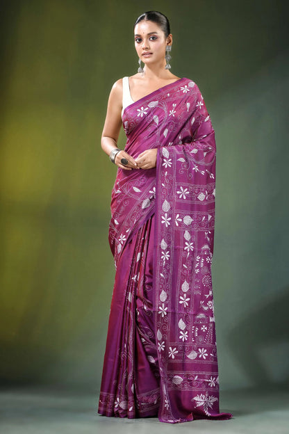 Twilight lavender village theme handmade silk kantha saree rich purple intricate white 1