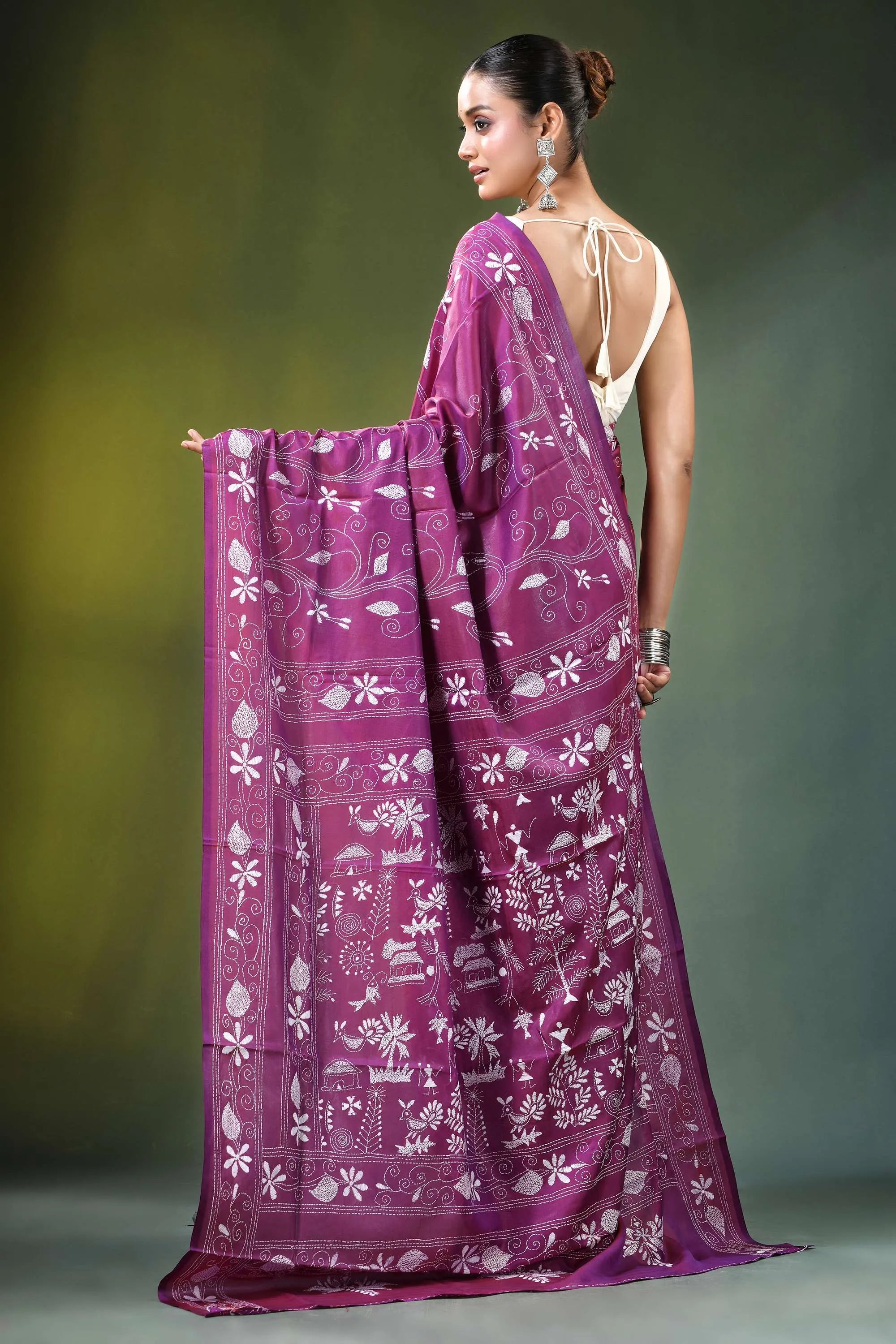 Twilight lavender village theme handmade silk kantha saree vibrant purple intricate white 5