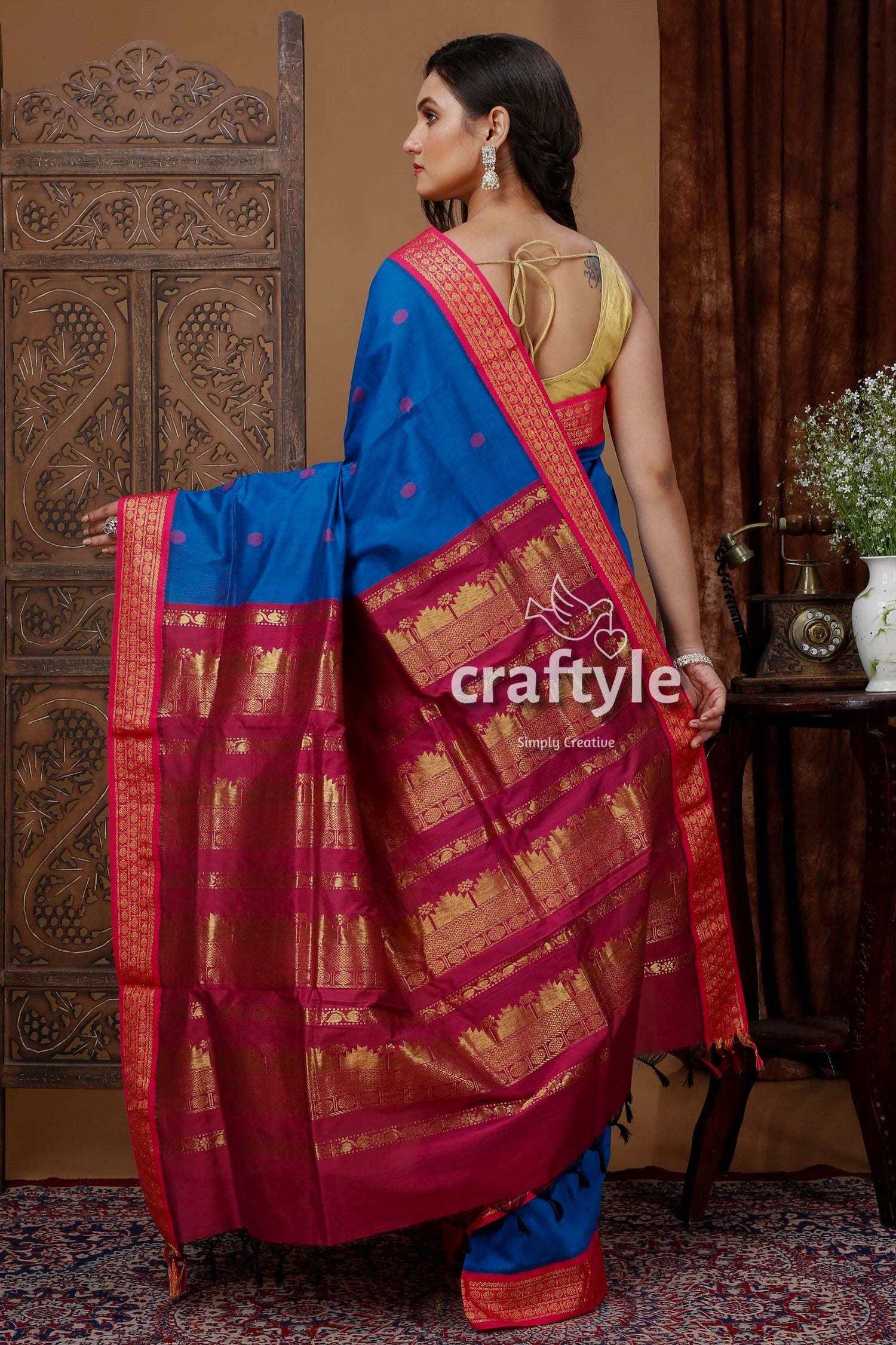 Ultramarine Blue Gadwal Silk Saree with Zari Border and Butta Design - Craftyle