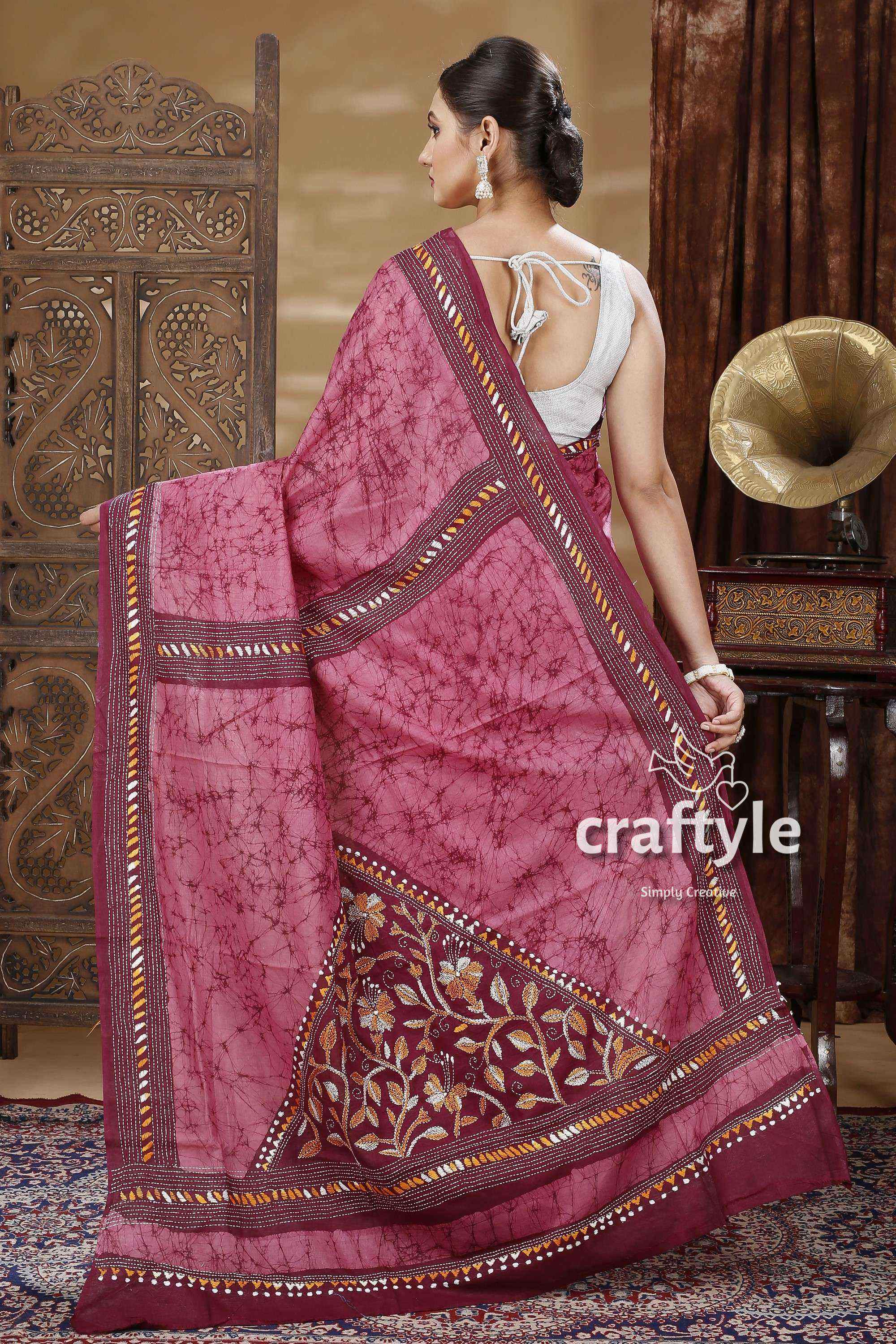 Unique Design Batik Cotton Kantha Work Saree-Craftyle