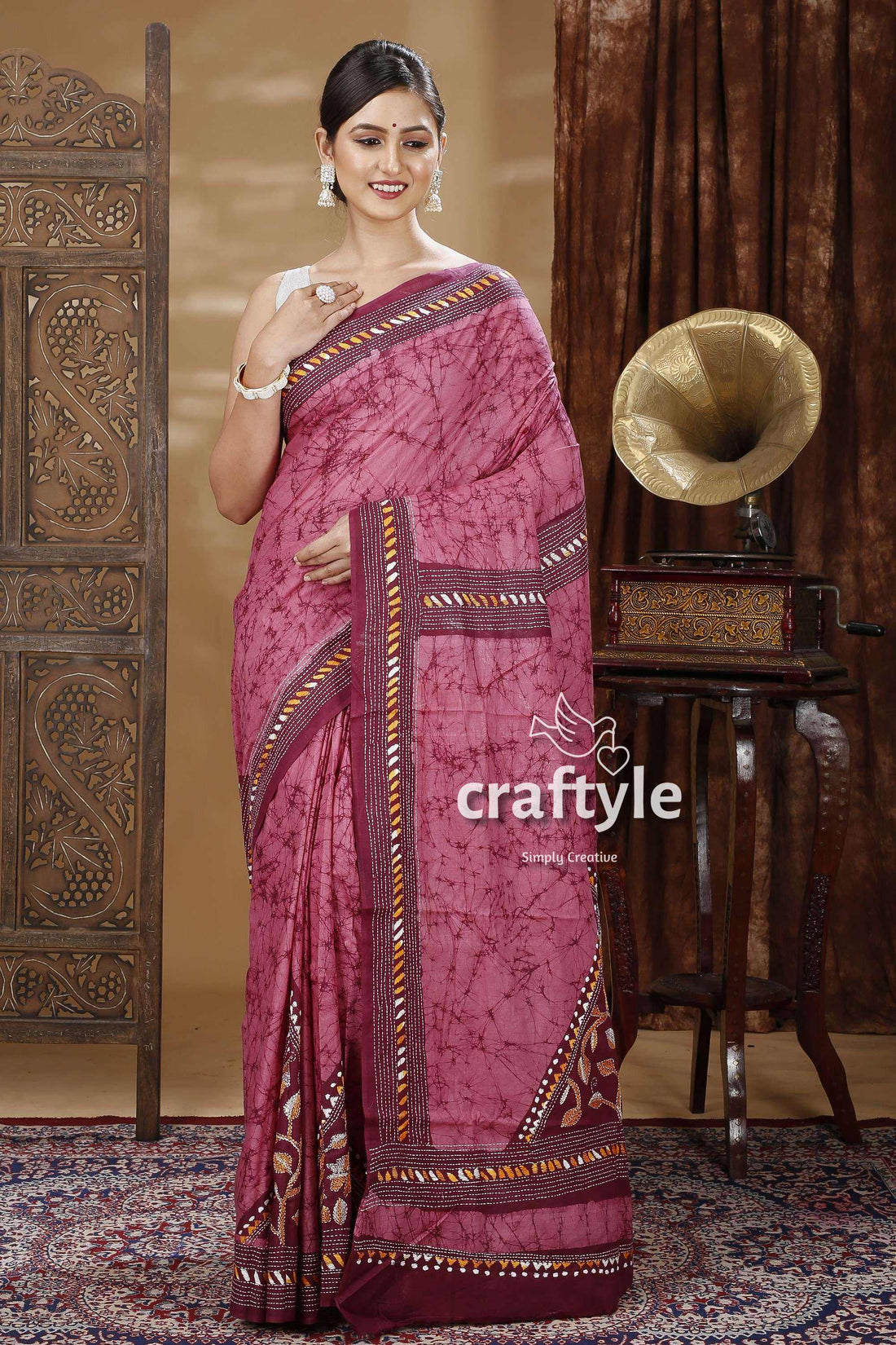 Unique Design Batik Cotton Kantha Work Saree-Craftyle