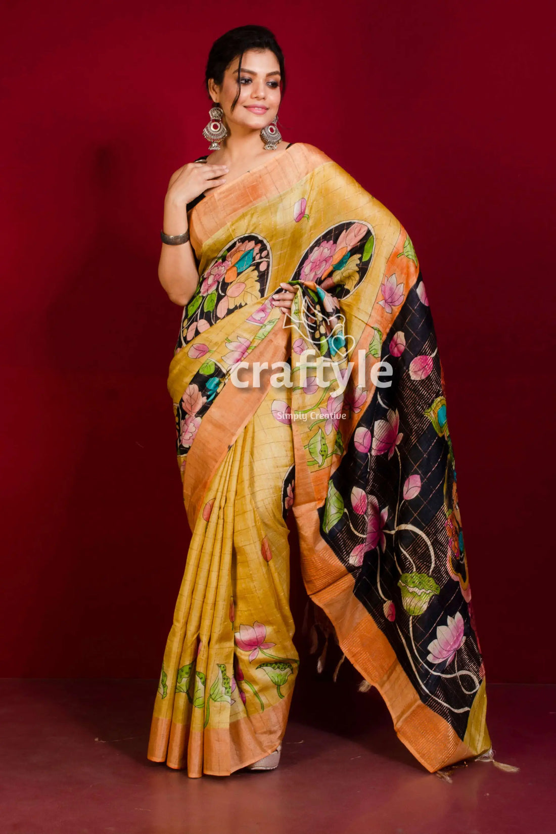 Unique hand painted sandy yellow pure tussar kalamkari saree with zari border woman yellow black floral saree 2