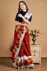 Unique village theme handpainted batik pure mulberry silk saree 2