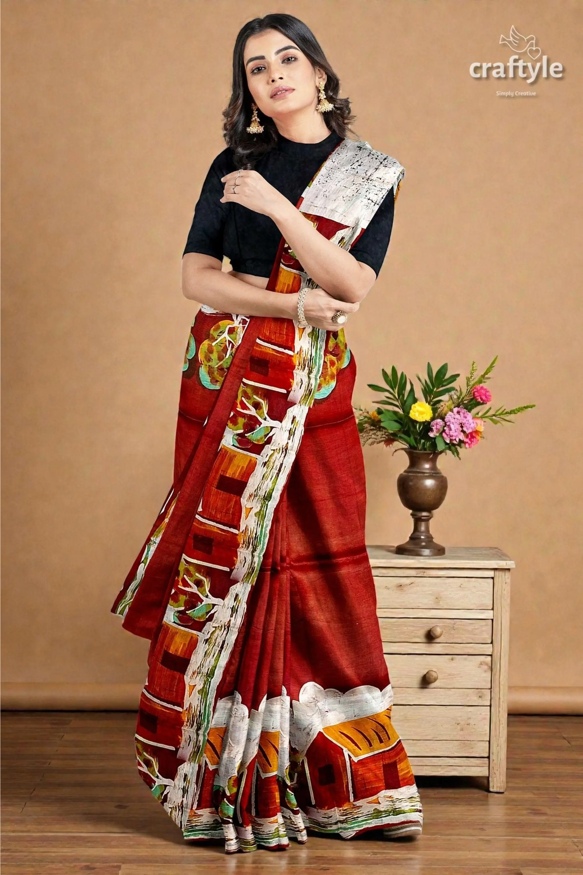 Unique village theme handpainted batik pure mulberry silk saree 2