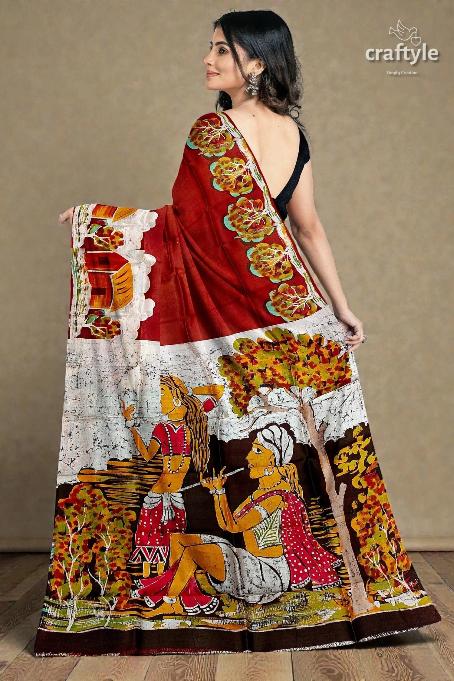 Unique village theme handpainted batik pure mulberry silk saree 3