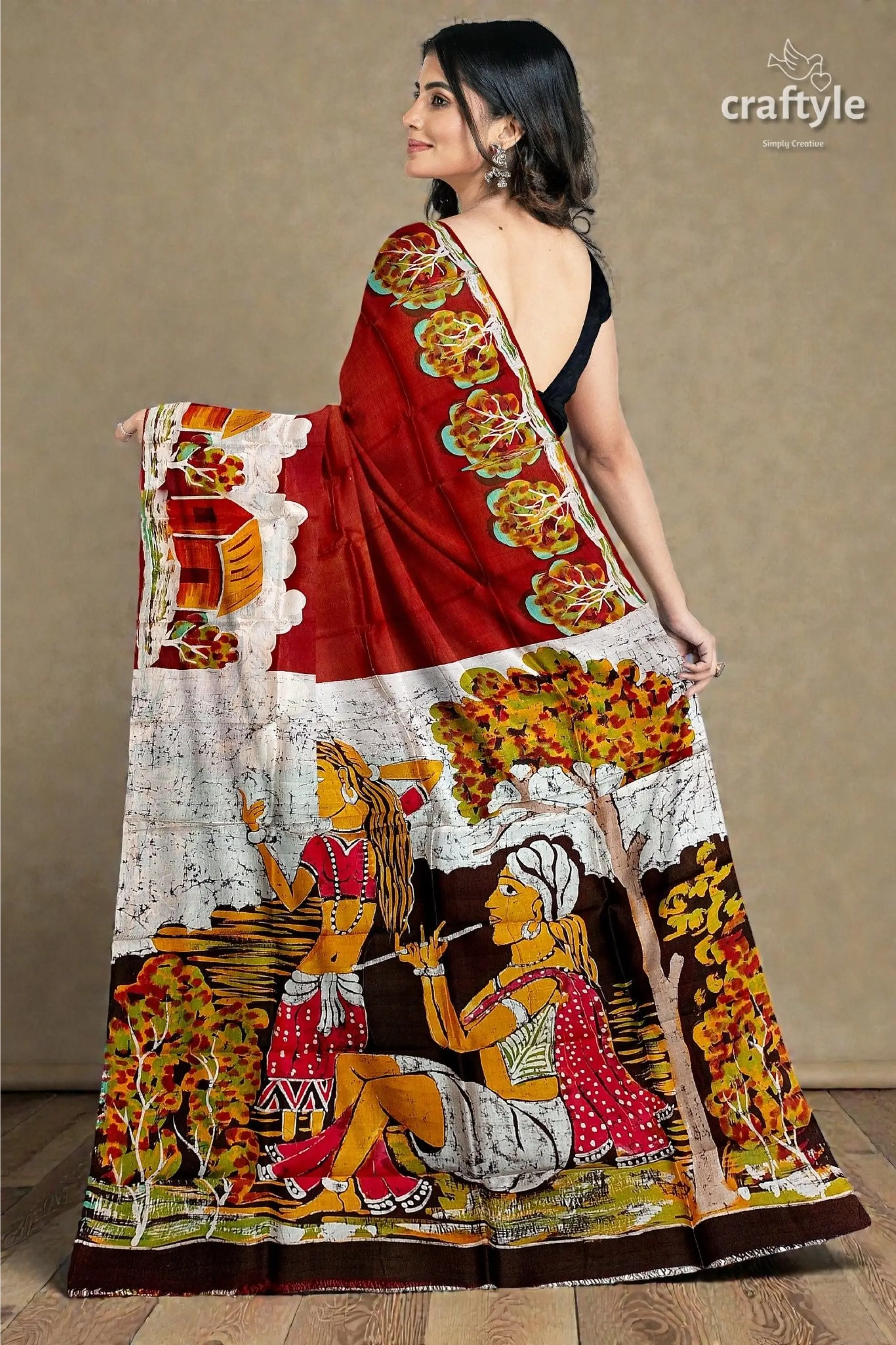 Unique village theme handpainted batik pure mulberry silk saree 3