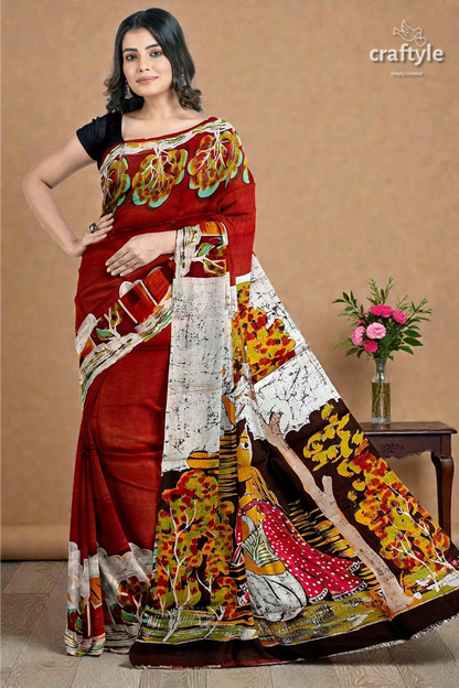 Unique village theme handpainted batik pure mulberry silk saree 5