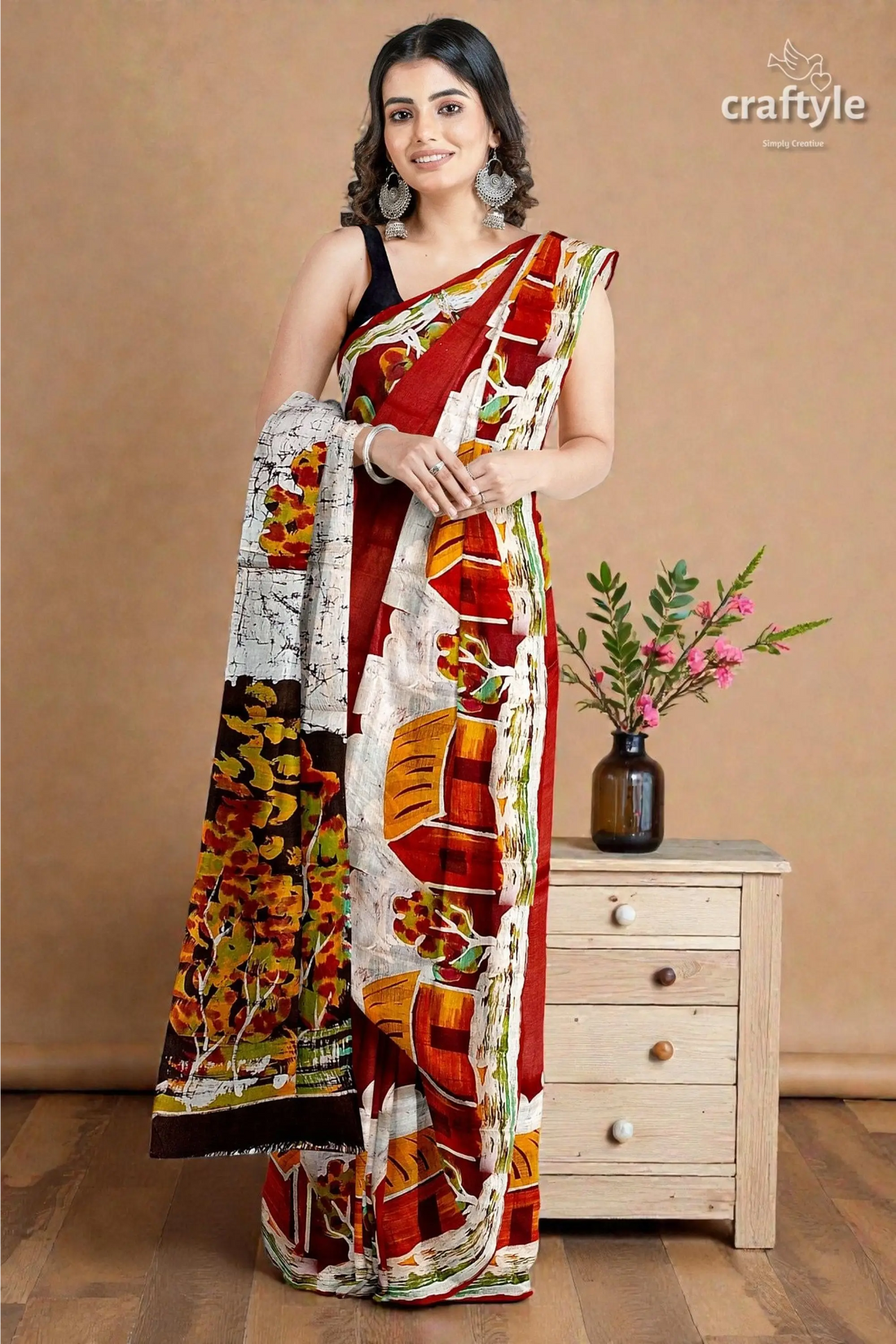 Unique village theme handpainted batik pure mulberry silk saree 1