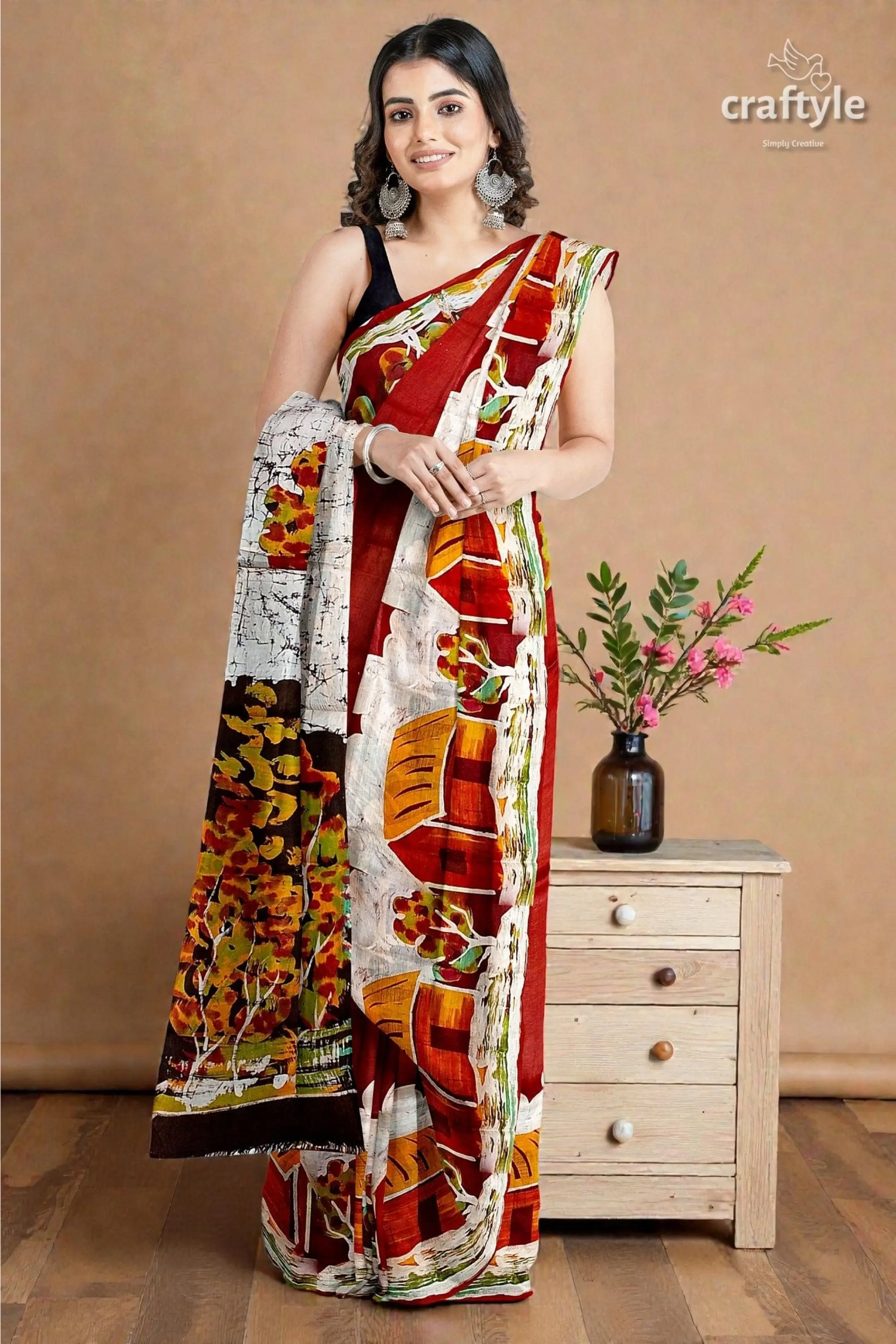 Unique village theme handpainted batik pure mulberry silk saree 1
