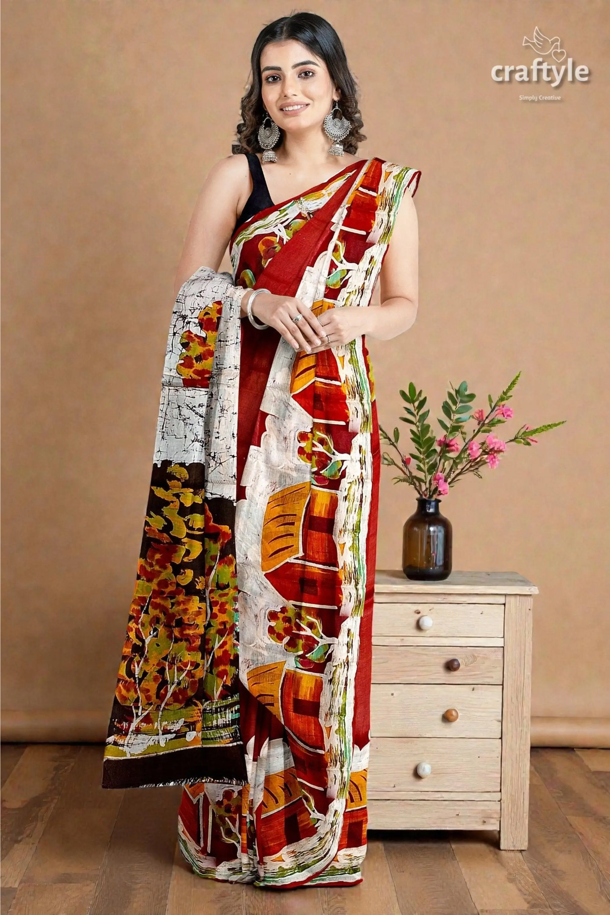 Unique village theme handpainted batik pure mulberry silk saree 1
