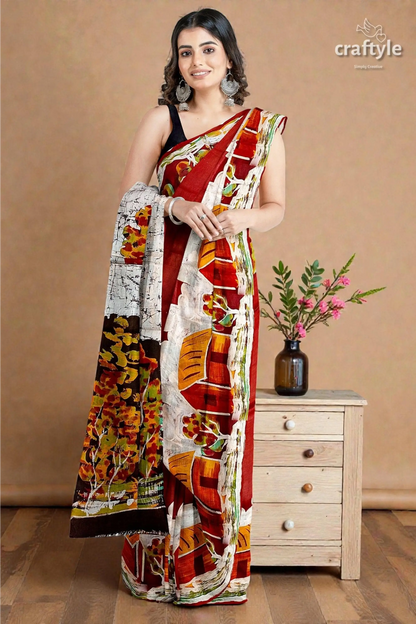 Unique village theme handpainted batik pure mulberry silk saree 1