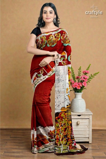 Unique village theme handpainted batik pure mulberry silk saree 4