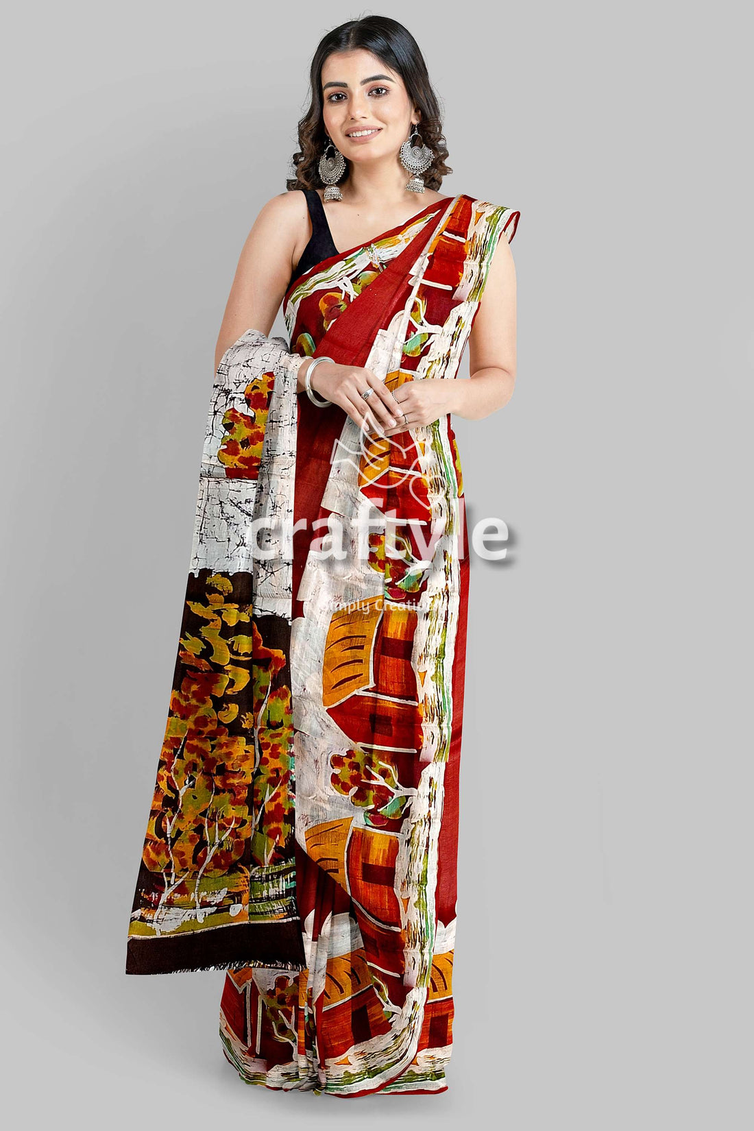 Unique Village Theme Handpainted Batik Pure Mulberry Silk Saree - Craftyle