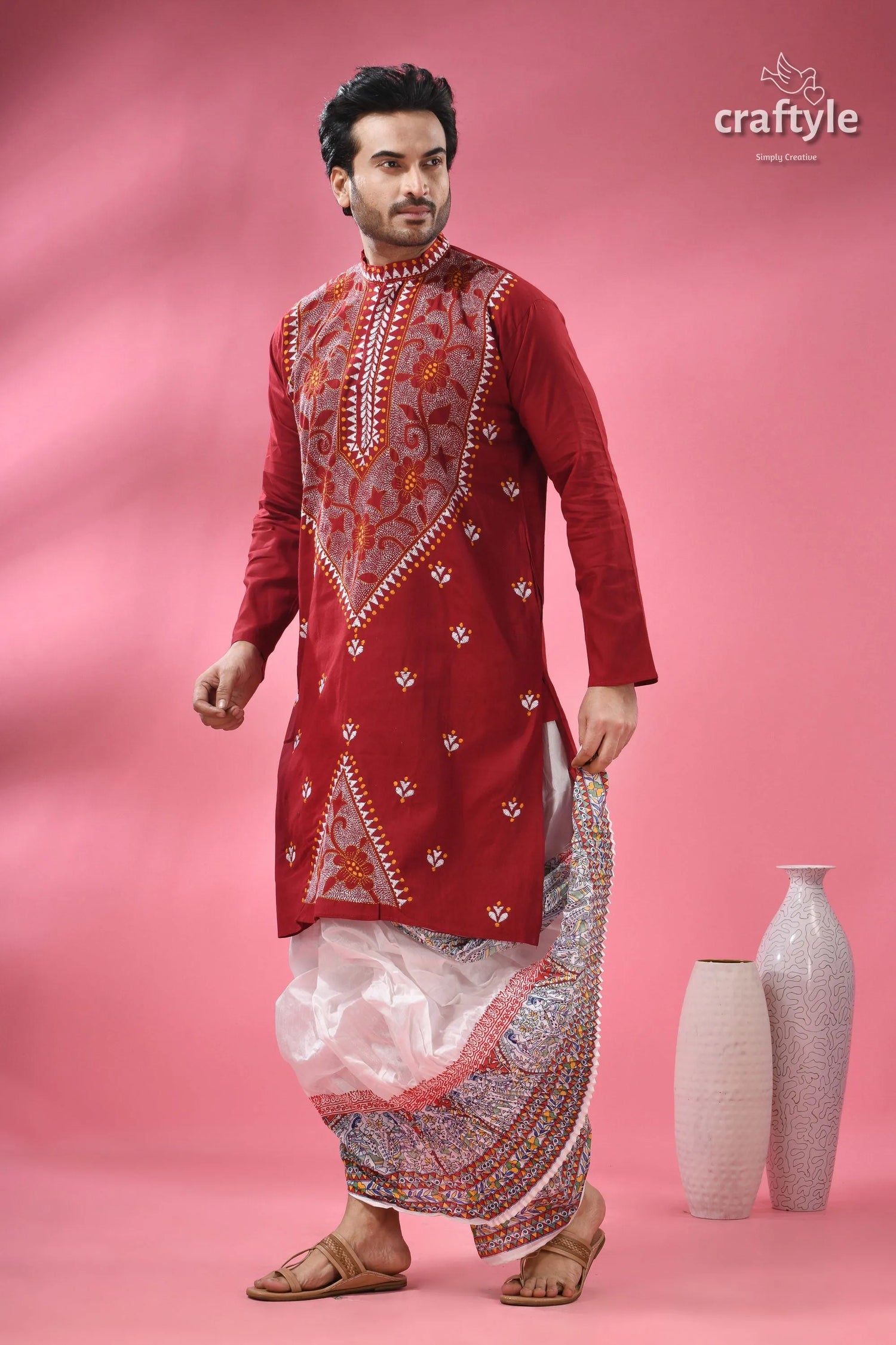 Upsdell red kantha stitch cotton men’s kurta embroidered maroon white 4