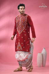 Upsdell red kantha stitch cotton men’s kurta embroidered maroon white 4