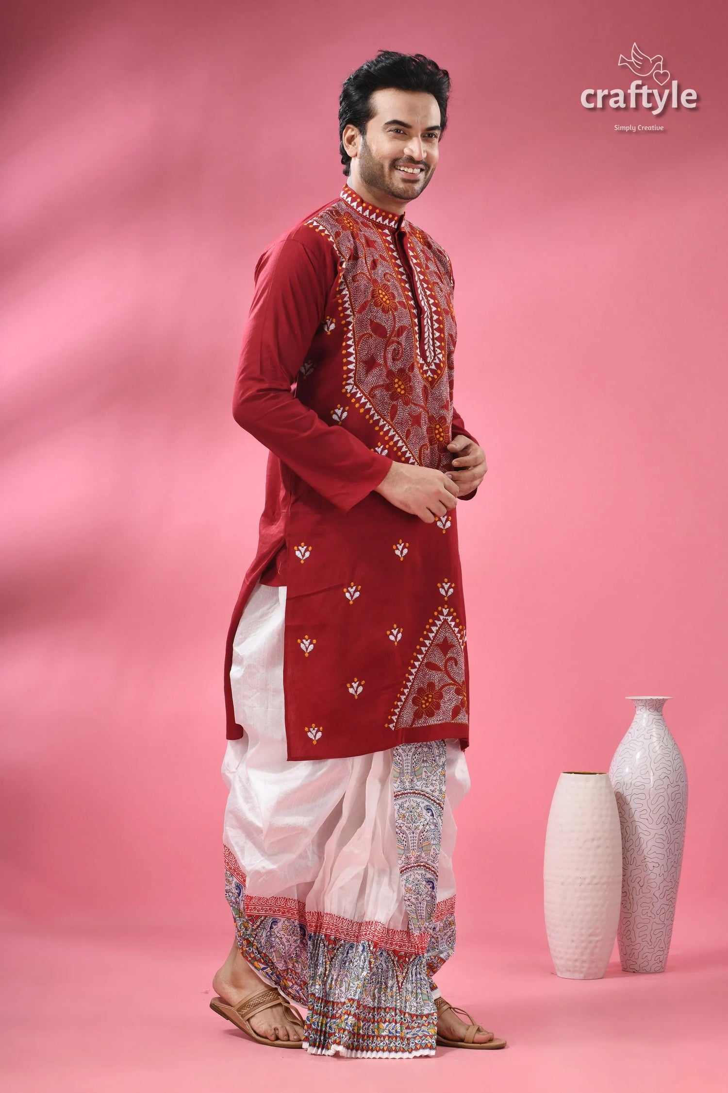 Upsdell red kantha stitch cotton men’s kurta embroidered long-sleeved 3
