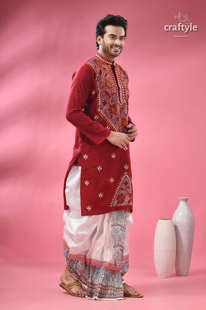 Upsdell red kantha stitch cotton men’s kurta embroidered long-sleeved 3