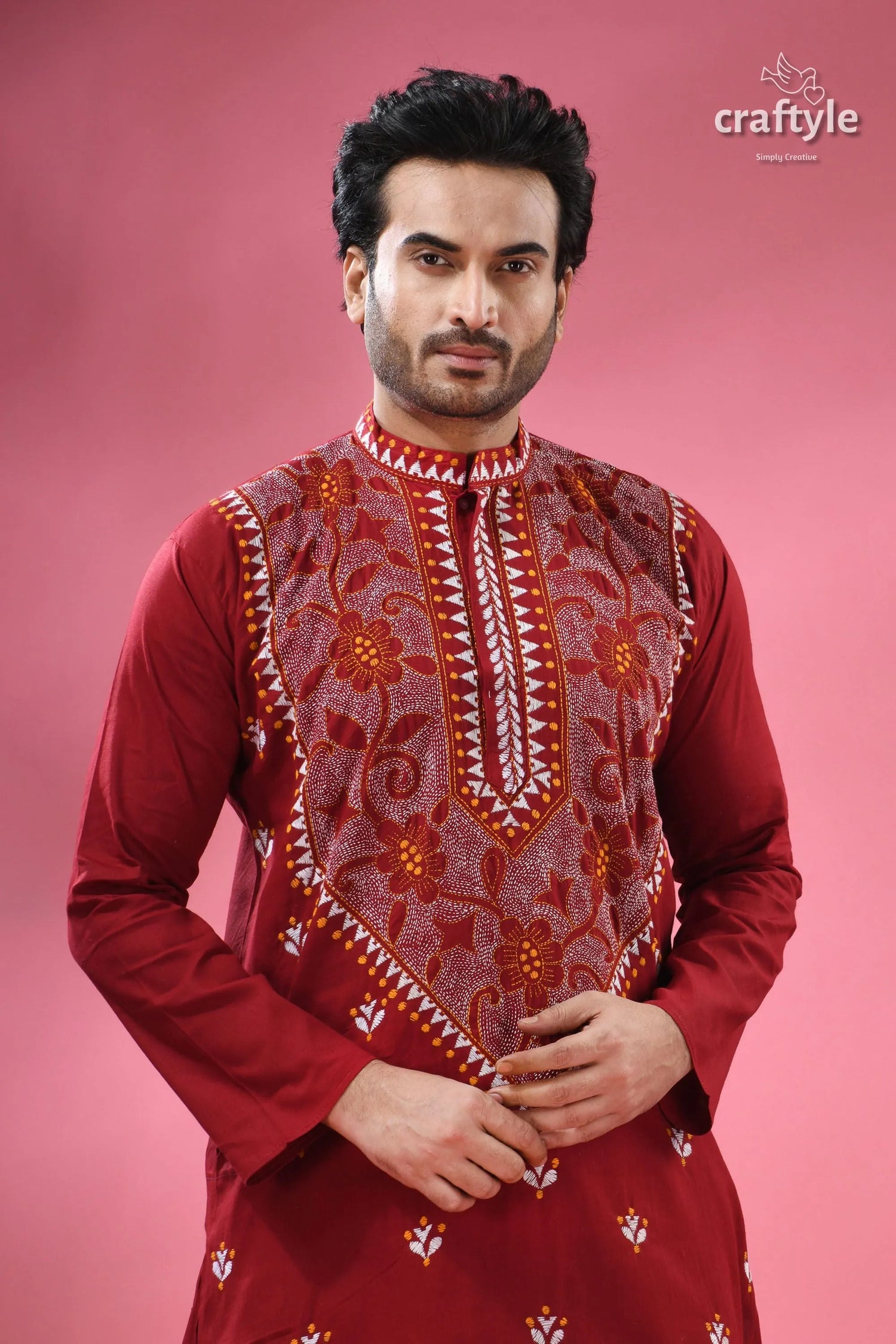 Upsdell red kantha stitch cotton men’s kurta man maroon embroidered 2