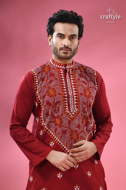 Upsdell red kantha stitch cotton men’s kurta man maroon embroidered 2