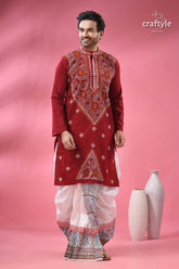 Upsdell red kantha stitch cotton men’s kurta man’s maroon embroidered white 5
