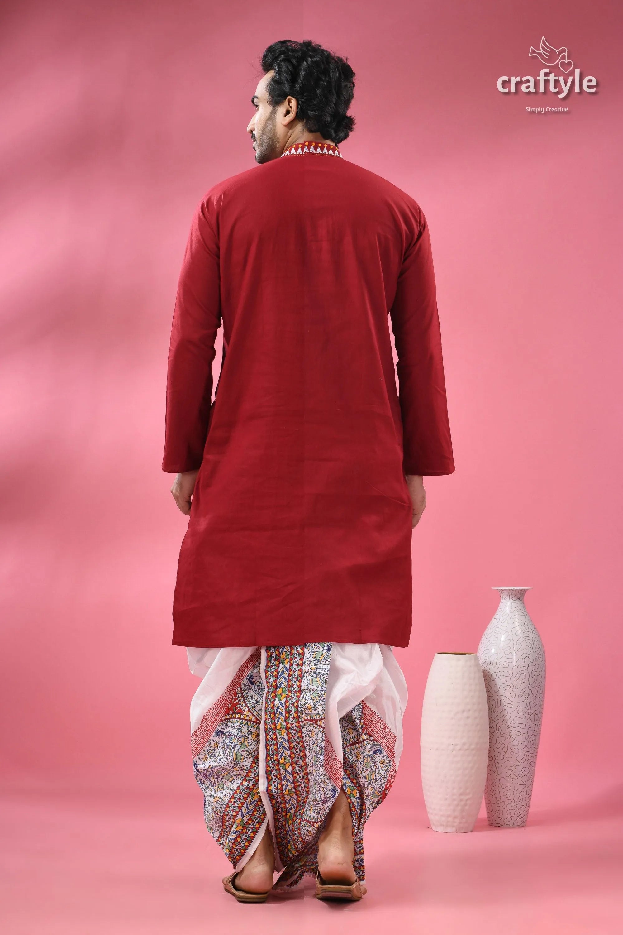Upsdell red kantha stitch cotton men’s kurta white patterned 7