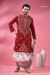 Upsdell red kantha stitch cotton men’s kurta maroon embroidered white 6