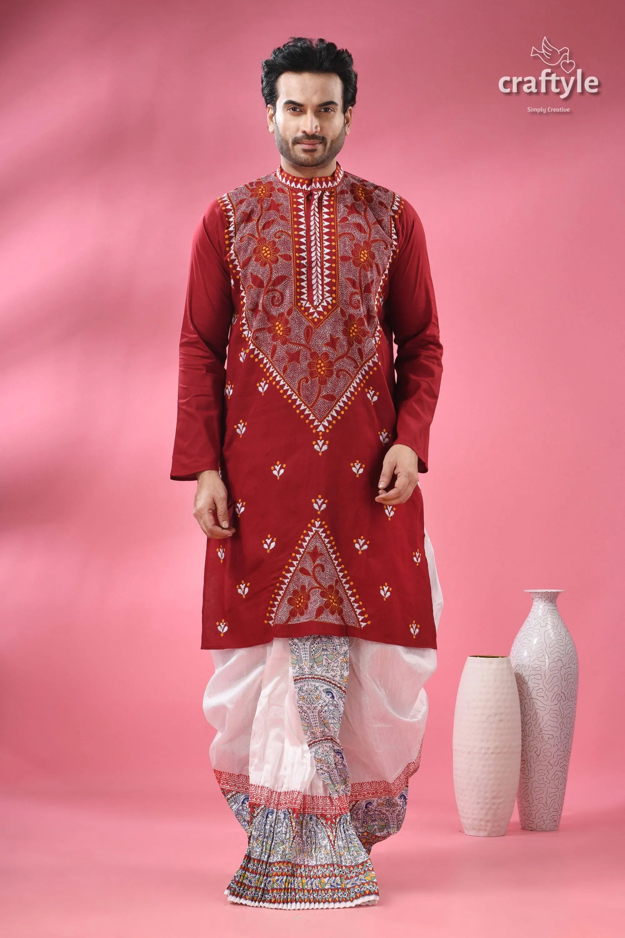 Upsdell red kantha stitch cotton men’s kurta embroidered white 1