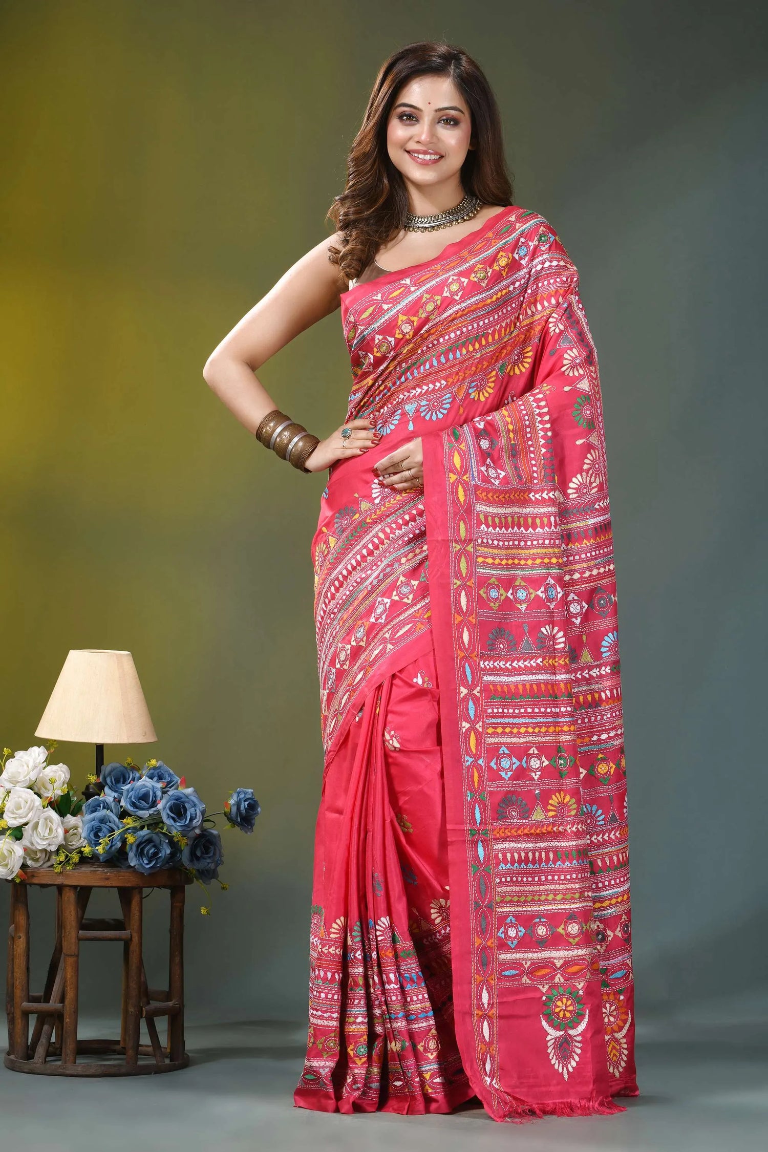 Valentine red multi-thread ethnic design silk kantha saree vibrant pink saree adorned intricate 5