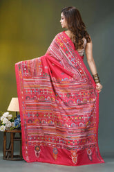 Valentine red multi-thread ethnic design silk kantha saree vibrant red handwoven saree intricate 4
