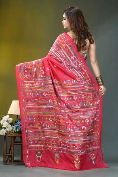 Valentine red multi-thread ethnic design silk kantha saree vibrant red handwoven saree intricate 4