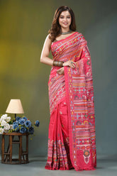Valentine red multi-thread ethnic design silk kantha saree vibrant pink saree adorned intricate 1