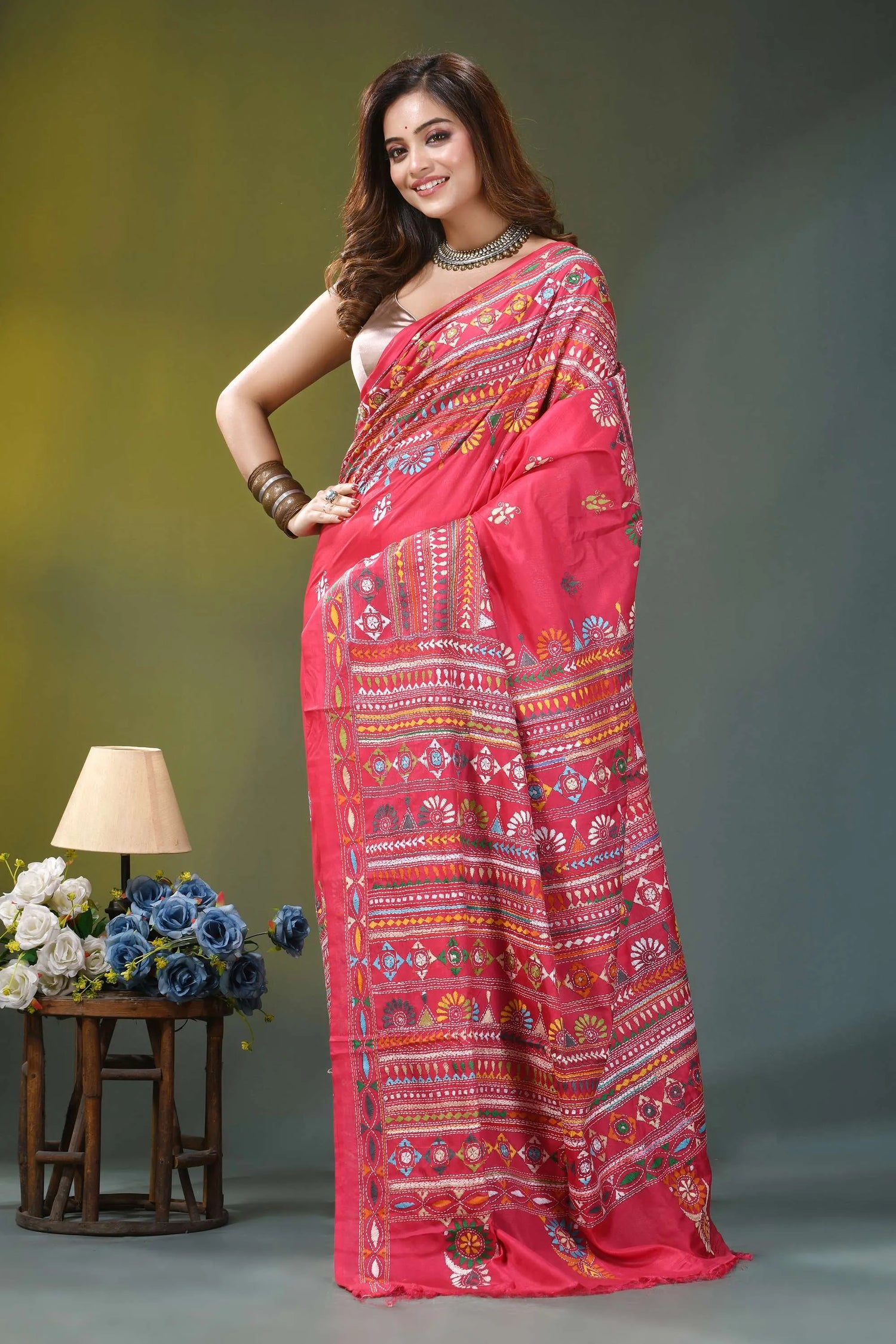Valentine red multi-thread ethnic design silk kantha saree vibrant pink saree adorned intricate 6
