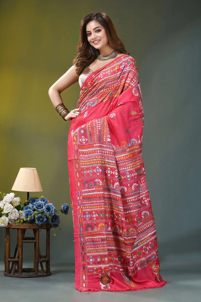 Valentine red multi-thread ethnic design silk kantha saree vibrant pink saree adorned intricate 6