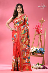 Venetian red flower design silk kantha stitch saree red floral print saree multicolor 1