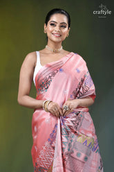 Venetian red multicolor thread handcrafted silk lambani saree woman wears pink silk saree 2