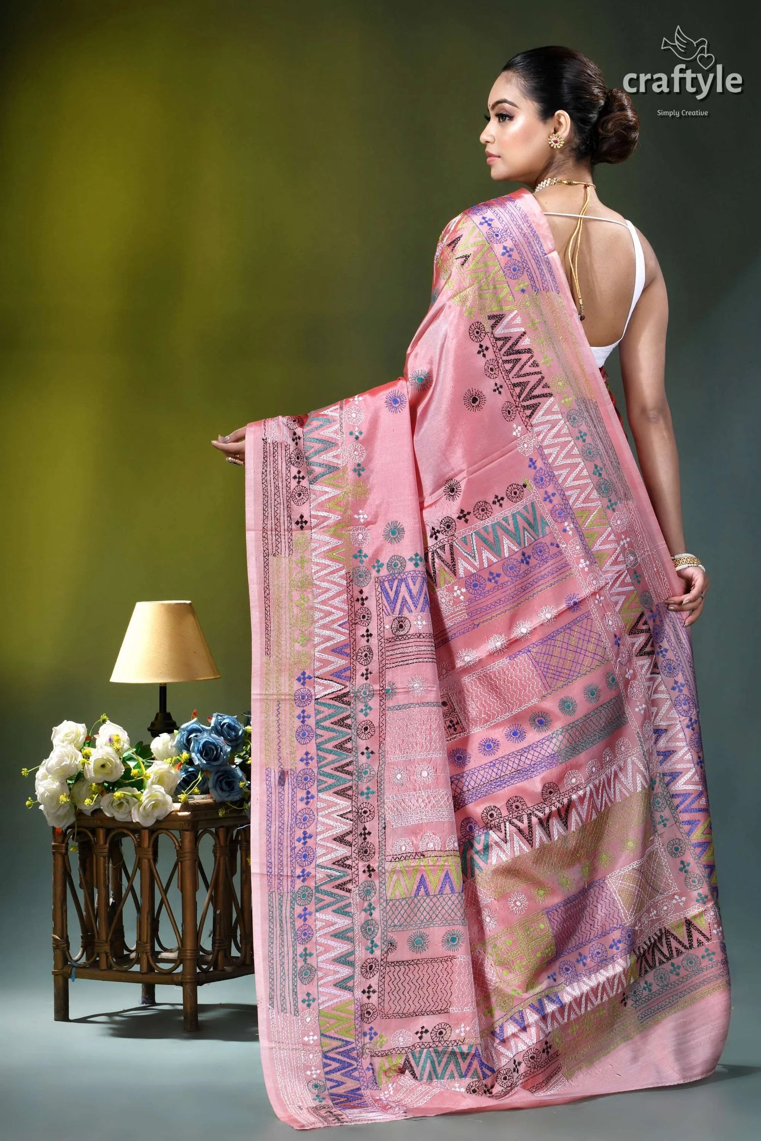 Venetian red multicolor thread handcrafted silk lambani saree pink silk saree intricate geometric 5